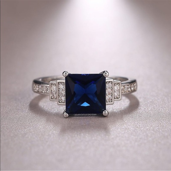 925 Sterling Silver Square Cut Royal Blue CZ  Ring - Picture 6 of 11